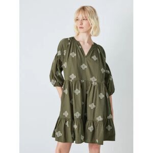 Mira Olive & White Embroidered 100% Cotton Puff Sleeve Tiered Dress Boho Chic S